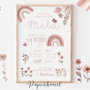GEBURTSTAFEL, Geburtsanzeige, Geburtsdaten, Regenbogen Baby, Mädchen, Bunt, personalisiert, Regenbogen, Poster, Geschenk zur Geburt