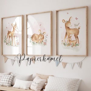 Wandbilder Kinderzimmer Set, Tiere, Mädchen, Rosa, Babyzimmer, Kinderzimmer Bilder, Wald, Blumen, Elefant, Poster, Mädchen