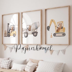 3er Posterset,  Bär im Bagger, Betonmischer, Gabelstapler, Kinderposter, Fahrzeuge Poster, Kinderzimmer Baustellenfahrzeuge, Baustelle