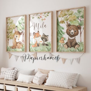 Kinderzimmer Poster, 3er Set, Babyzimmer, Waldtiere, Reh, Bär, Name Personalisiert, Wanddeko A4, A3, PDF, Tiere, Wandbilder,