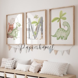 Kinderzimmer Poster, 3er Set, Babyzimmer, Dino, Dinos, Dinosaurier, Name Personalisiert, Wanddeko A4, A3, PDF, T-Rex, Wandbilder,