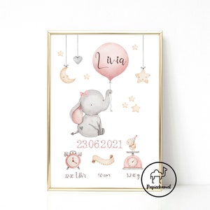 GEBURTSTAFEL, Geburtsanzeige, Geburtsdaten, Mädchen, Rosa, Elefant, Tiere, personalisiert, Geburtsdatendruck, Geschenk zur Geburt