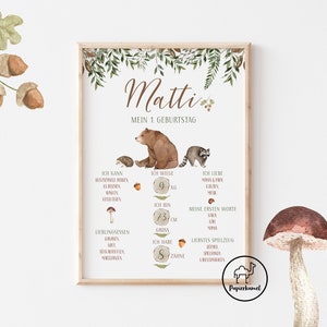 Meilensteintafel 1 Geburtstag, Baby, Wald, Herbst, Geburtstagsposter, Geschenk erster Geburtstag, personalisiert, Waldtiere, Pilze & Blätter