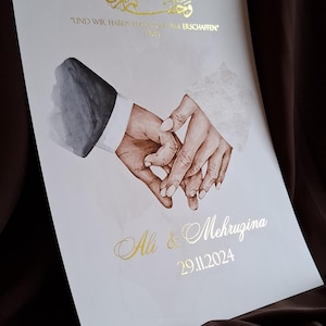 Hochzeitsgeschenk, Arabisch, mit Namen und Hochzeitstag, islamische Trauung, Gold Foil, Nikah Belgesi, Imam, Hochzeitspapeterie, Kalligrafie