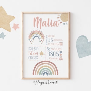 GEBURTSTAFEL, Geburtsanzeige, Geburtsdaten, Regenbogen Baby, Mädchen, Bunt, personalisiert, Regenbogen, Poster, Geschenk zur Geburt