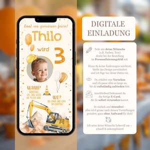 Digitale Einladung Kindergeburtstag, personalisierbare E-Card, WhatsApp, Einladung, Junge, Baustelle Geburtstagseinladung Handy, Vorlage,