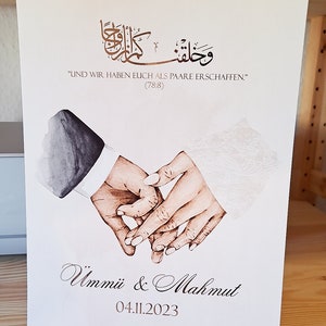 Hochzeitsgeschenk, Arabisch, mit Namen und Hochzeitstag, islamische Trauung, Gold Foil, Nikah Belgesi, Imam, Hochzeitspapeterie, Kalligrafie