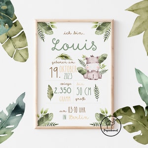 GEBURTSTAFEL, Geburtsanzeige, Geburtsdaten, Kunstdruck, Dschungel, Safari, Tiere, personalisiert, Geburtsdatendruck, Geschenk zur Geburt