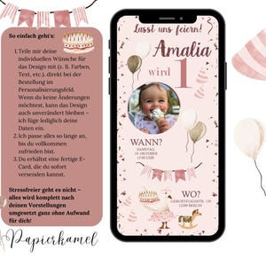 Invitación digital para cumpleaños infantil, tarjeta electrónica personalizable, WhatsApp, invitación, niña, rosa, invitación de cumpleaños para celular, plantilla