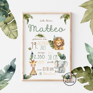 GEBURTSTAFEL, Geburtsanzeige, Geburtsdaten, Kunstdruck, Dschungel, Safari, Tiere, personalisiert, Geburtsdatendruck, Geschenk zur Geburt