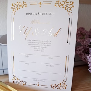 Islamische Eheurkunde, Dini Nikah Belgesi, Hochzeitsgeschenk, Türkisch, islamische Trauung, Gold, Nikah Belgesi, Imam, Ehe Zertifikat,