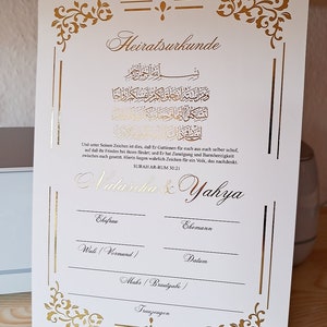 Islamische Eheurkunde, Dini Nikah Belgesi, Hochzeitsgeschenk, Arabisch, islamische Trauung, Gold, Nikah Belgesi, Imam, Ehe Zertifikat,