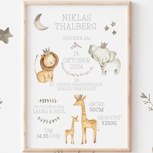 GEBURTSTAFEL, Geburtsanzeige, Geburtsdaten, Kunstdruck, Dschungel, Safari, Tiere, personalisiert, Geburtsdatendruck, Geschenk zur Geburt