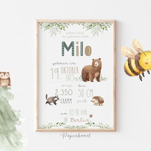 Personalisierter Kunstdruck zur Geburt – Waldtiere & Bärchen | Herbst-Baby Geburtstafel mit Geburtsdaten | Ideales Geschenk zur Geburt