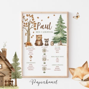 Meilensteintafel 1 Geburtstag, Baby, Wald, Herbst, Geburtstagsposter, Geschenk erster Geburtstag, personalisiert, Waldtiere, Pilze & Blätter