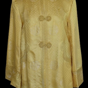 Vintage 60er Jahre Gelbe Seide Jacquard Jacke asiatisch, Frosch-Verschlüsse, Größe L Large
