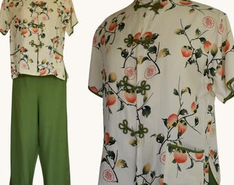 Vintage 50s Asian Blouse and Pants Set, High Waist Pants Suit, Peach Print, Made in Japan, Size Medium