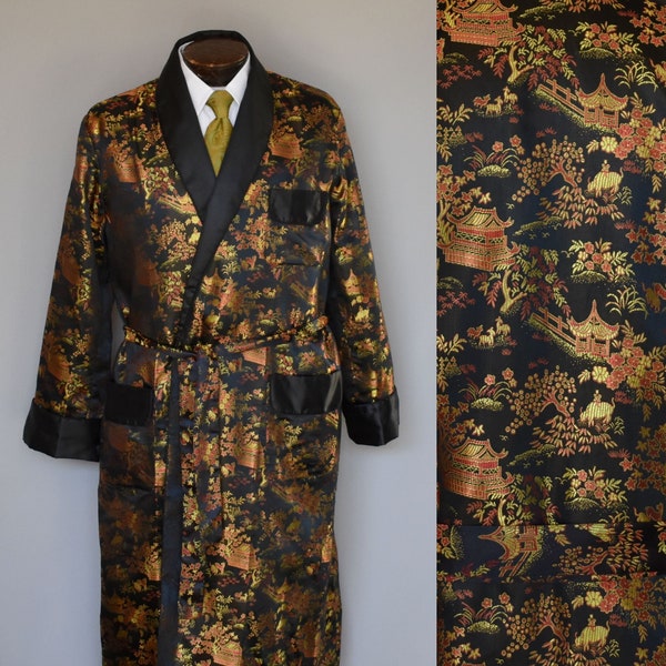 Vintage 80s Mens Smoking Robe, 1980s Asian Brocade Robe, Pagoda & Cherry Blossoms Lounging Robe, Size L Large