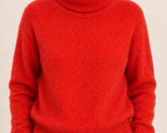 Suéter vintage de cuello alto de angora roja de los años 80, suave y esponjoso, talla XS, extra pequeña