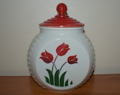 Vintage FIRE KING Red Tulip Grease Jar, Anchor Hocking White Vitrock Range Grease Jar with Lid, 1940s