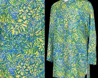 Blusa vintage de los años 90 con estampado de gatos de la jungla de Lilly Pulitzer, túnica con estampado abstracto azul y amarillo, tigres, leopardos y jaguares, talla L grande