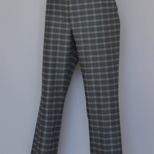 70s Gray Plaid Polyester Pants, Mod High Waist Slacks, Vintage 1970s, order Waist 33 Inches, Inseam 28 Inches