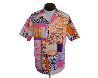 Vintage 70s Malihini Hawaiian Shirt, 1970s Mod Abstract Print Button Front, Loop Collar, Size Large