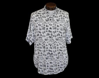Vintage 90s Animal Print Rayon Shirt, Over Sized Hieroglyphics Print Button Front, What&#39;s Happening Primitive Beat, Size Medium to Large