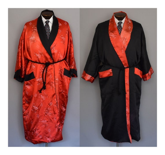 Mens Smoking Robe, Vintage 80s Asian Satin Reversi