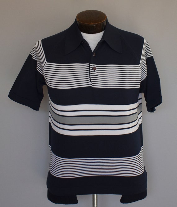70s Striped Polo Shirt Navy Blue & White Stripe Knit - Etsy Canada