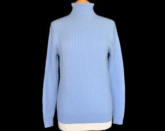 Suéter vintage de cachemira de cuello alto de los años 90, jersey de punto trenzado azul claro de los años 90, talla M mediana