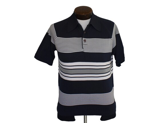 Vintage 70s Striped Polo Shirt, 1970s Navy Blue &… - image 1