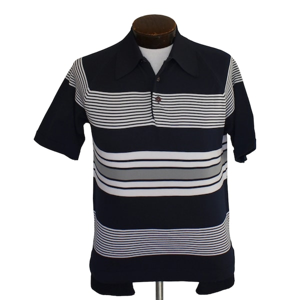 Vintage 70s Striped Polo Shirt, 1970s Navy Blue & White Stripe Knit Pullover, Size L Large