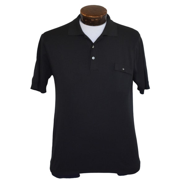 Vintage 70s Black Polo Shirt, Polyester Button Up Shirt, Vintage 1970s, Size Medium