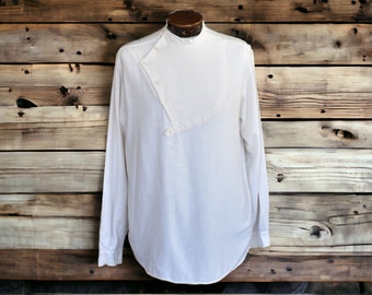 Vintage 70s Cotton Pullover Shirt, 1970s Shoulder Button Flap Popover Long Sleeve Shirt, Boho Bohemian, Size Large