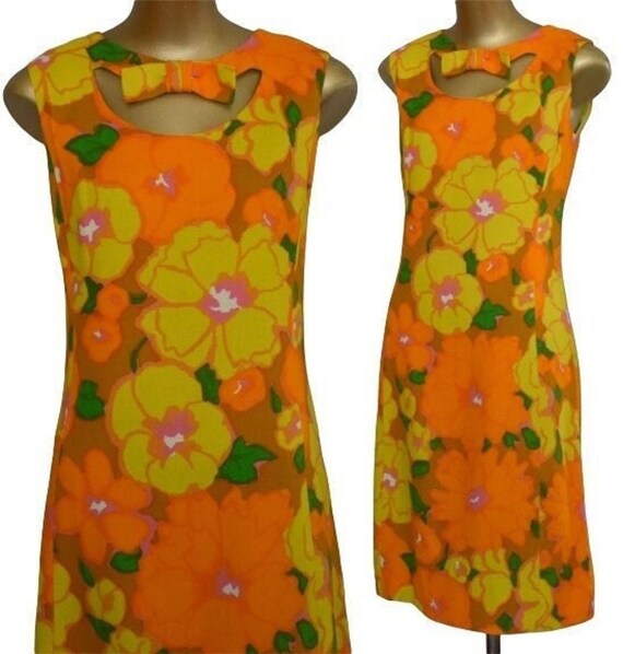 Vintage 60s I Magnin Floral Print Dress, Keyhole Neckline and Bow