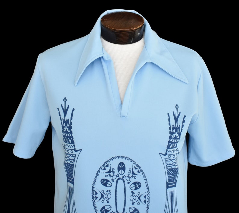 Size Medium to Large Johnny Collar Shirt Vintage 70s Chess Print Polo Shirt 1970s Mod Pullover Disco Shirt Hipster