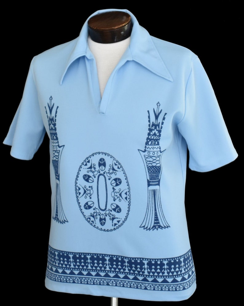 Size Medium to Large Johnny Collar Shirt Vintage 70s Chess Print Polo Shirt 1970s Mod Pullover Disco Shirt Hipster