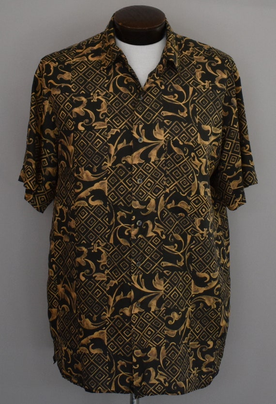 Tribal Print Silk Shirt, Vintage 90s Short Sleeve