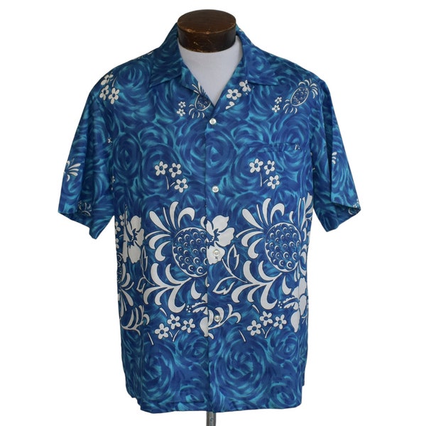 Vintage 60s Men Diamond Head Sportswear Hawaiian Aloha Shirt  - Loop Collar Blue Cotton Tiki Border Print - Size L Large