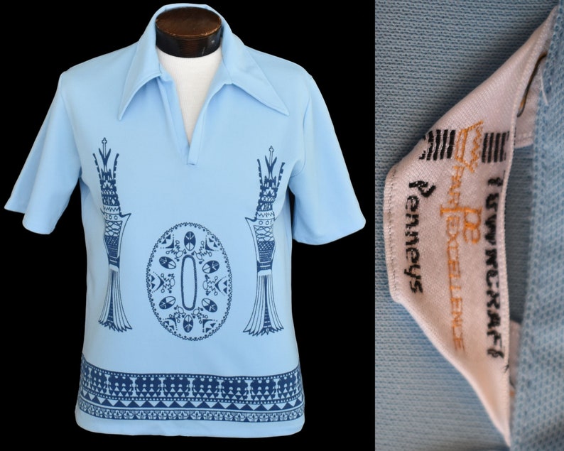 Size Medium to Large Johnny Collar Shirt Vintage 70s Chess Print Polo Shirt 1970s Mod Pullover Disco Shirt Hipster
