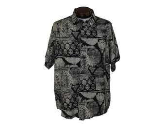 Vintage 90s Tribal Print Rayon Shirt, Over Sized Abstract Print Button Front, David Cline, Size Medium to Large
