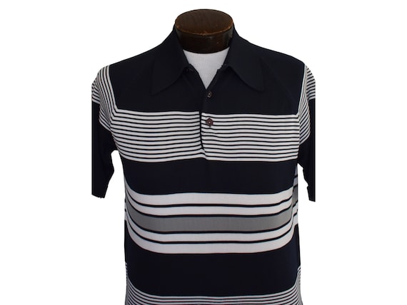 Vintage 70s Striped Polo Shirt, 1970s Navy Blue &… - image 2