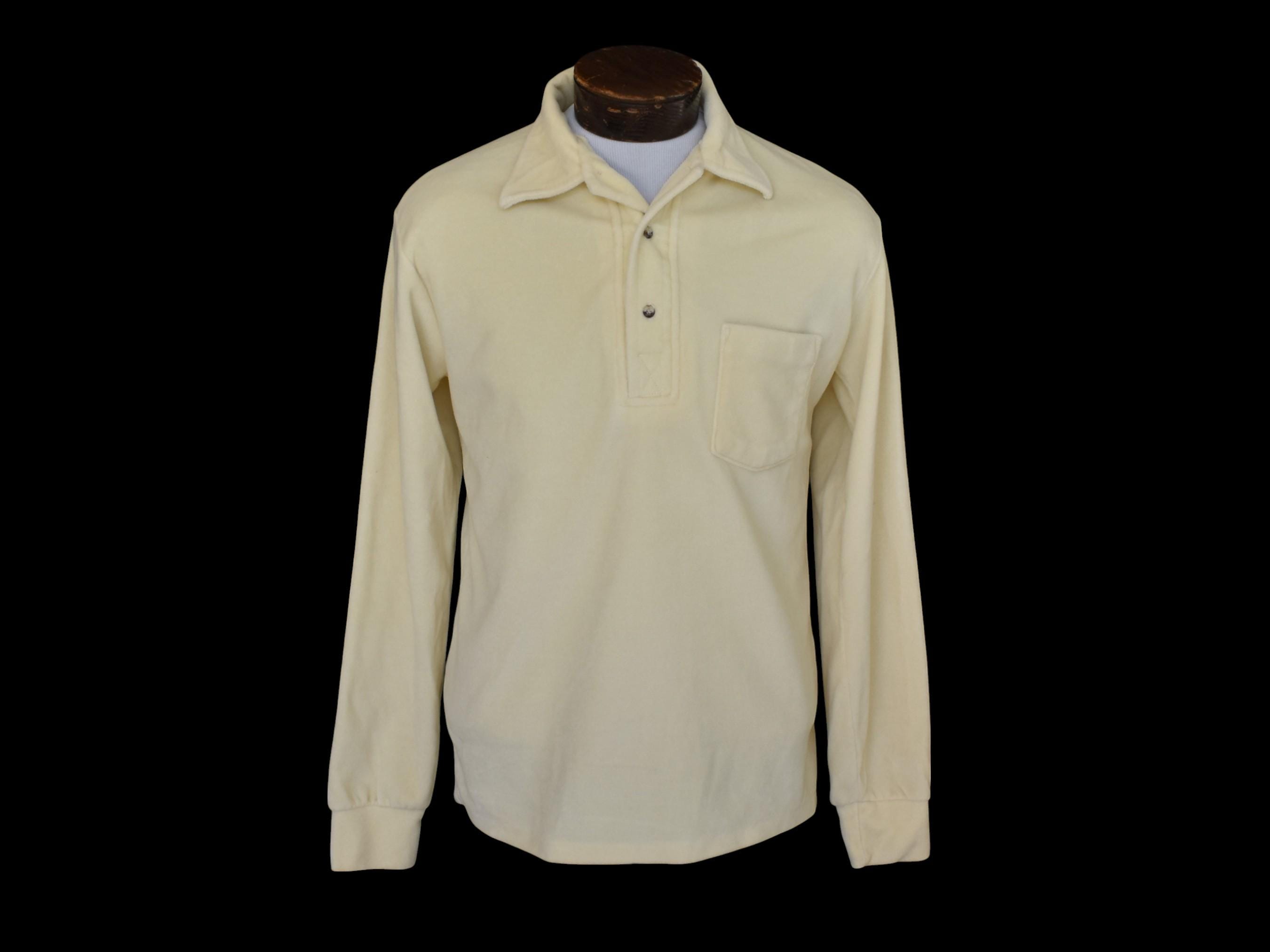 Vintage 70s Cream White Johnny Collar Shirt, 1970s Off White Minimal Velour Polo Shirt, Size Medium