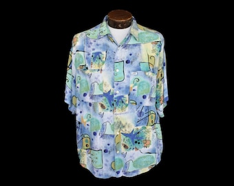 Vintage 80s Guess By Georges Marciano Rayon Short Sleeve Shirt, Over Sized Abstract Print Button Front, Size Small Medium Large