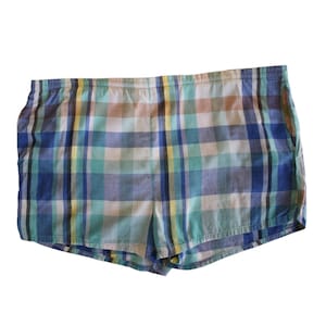 Vintage jaren 70 geruite herenshorts, jaren 1970 lichtgewicht katoenen zwembroek heren, nylon gevoerde cabanashort, taille 41"