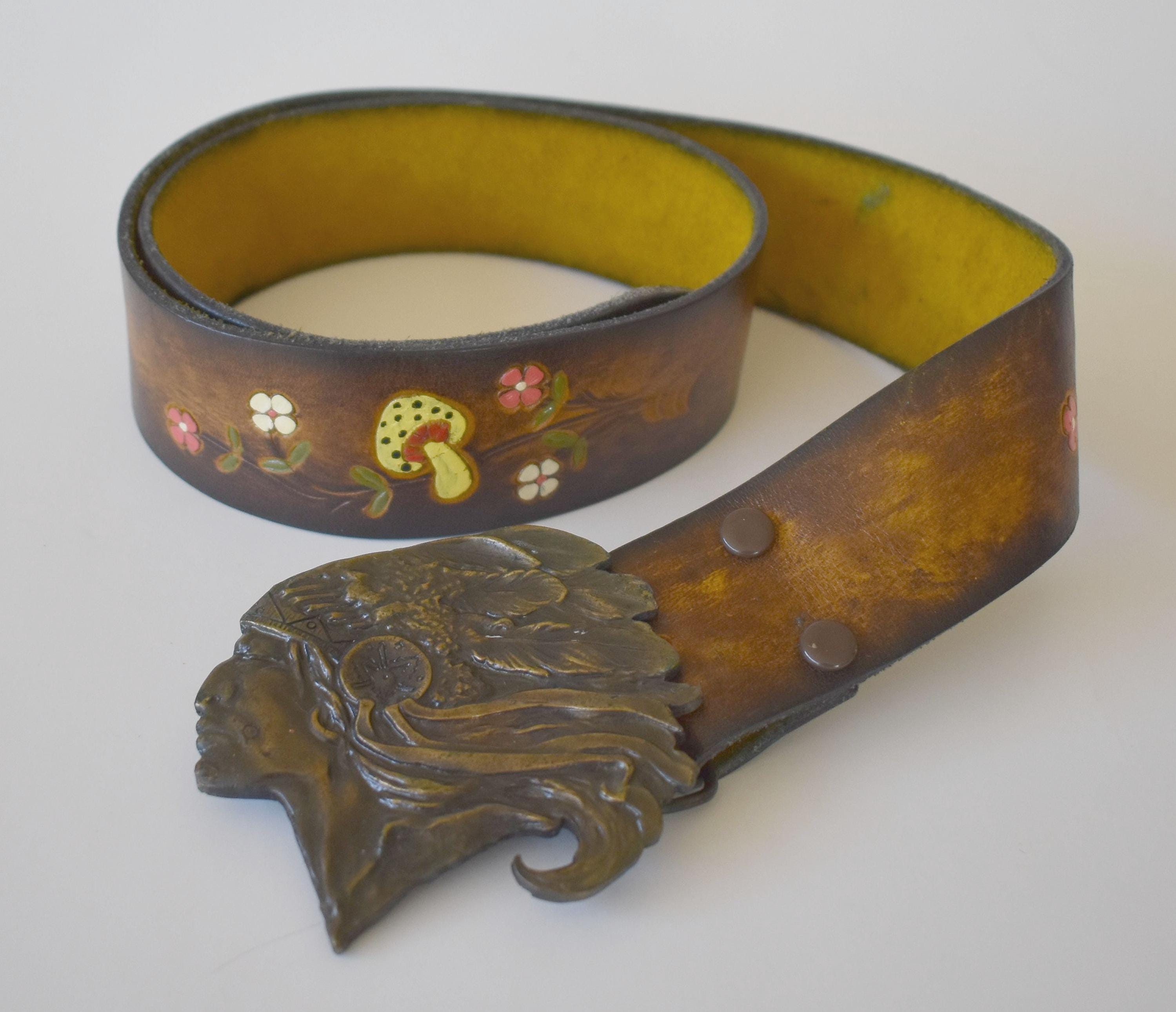 Tooled Leather Boho Southwest Belt Stained Multicolor Silvertone Buckle Vintage Two Toned Tooled Leather Belt – Country Hippie Apparel main image 4