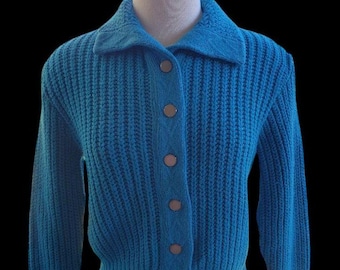 ヴィンテージ 50年代 ミックスチャンキーニット カーディガン セーター、襟付き ターコイズブルー クロップド丈、サイズ M ミディアム