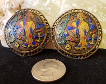 Vintage 1920s Enamel Chinoiserie Belt Buckle Clasp, Kimono Geisha, Gift for Her
