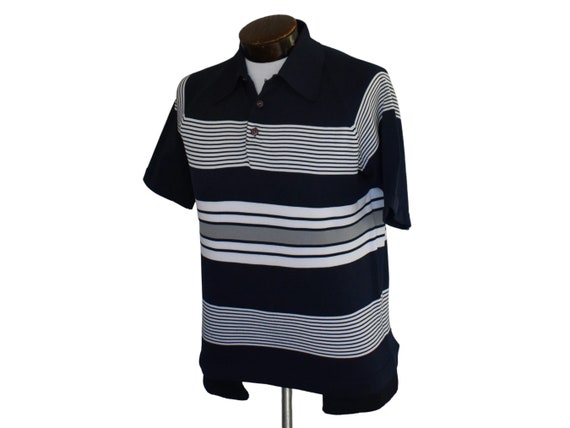 Vintage 70s Striped Polo Shirt, 1970s Navy Blue &… - image 3